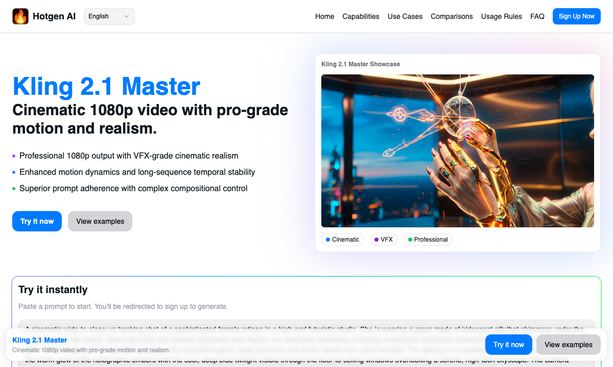 Kling 2.1 Master Landing Page Screenshot