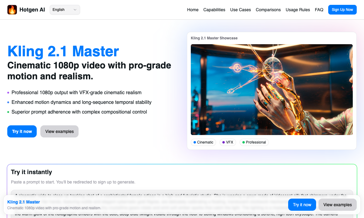 Kling 2.1 Master Model Page