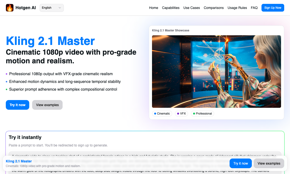 Kling 2.1 Master 落地页截图