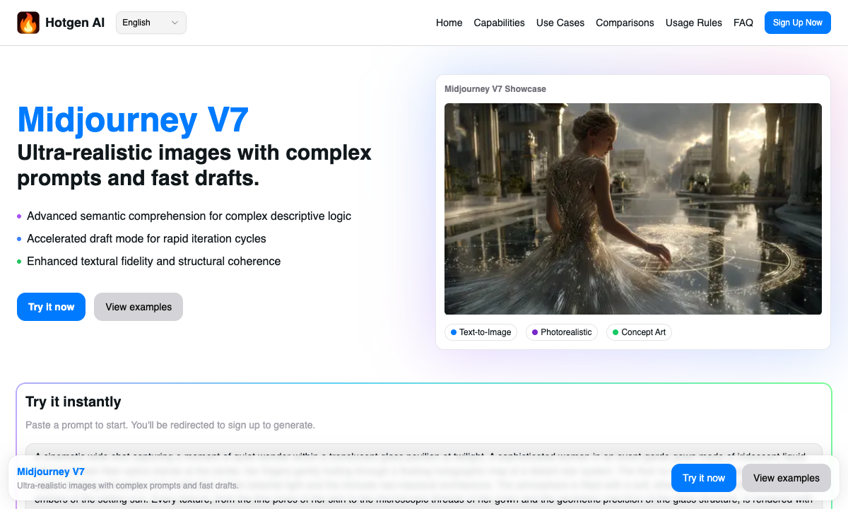 Midjourney V7 落地页截图